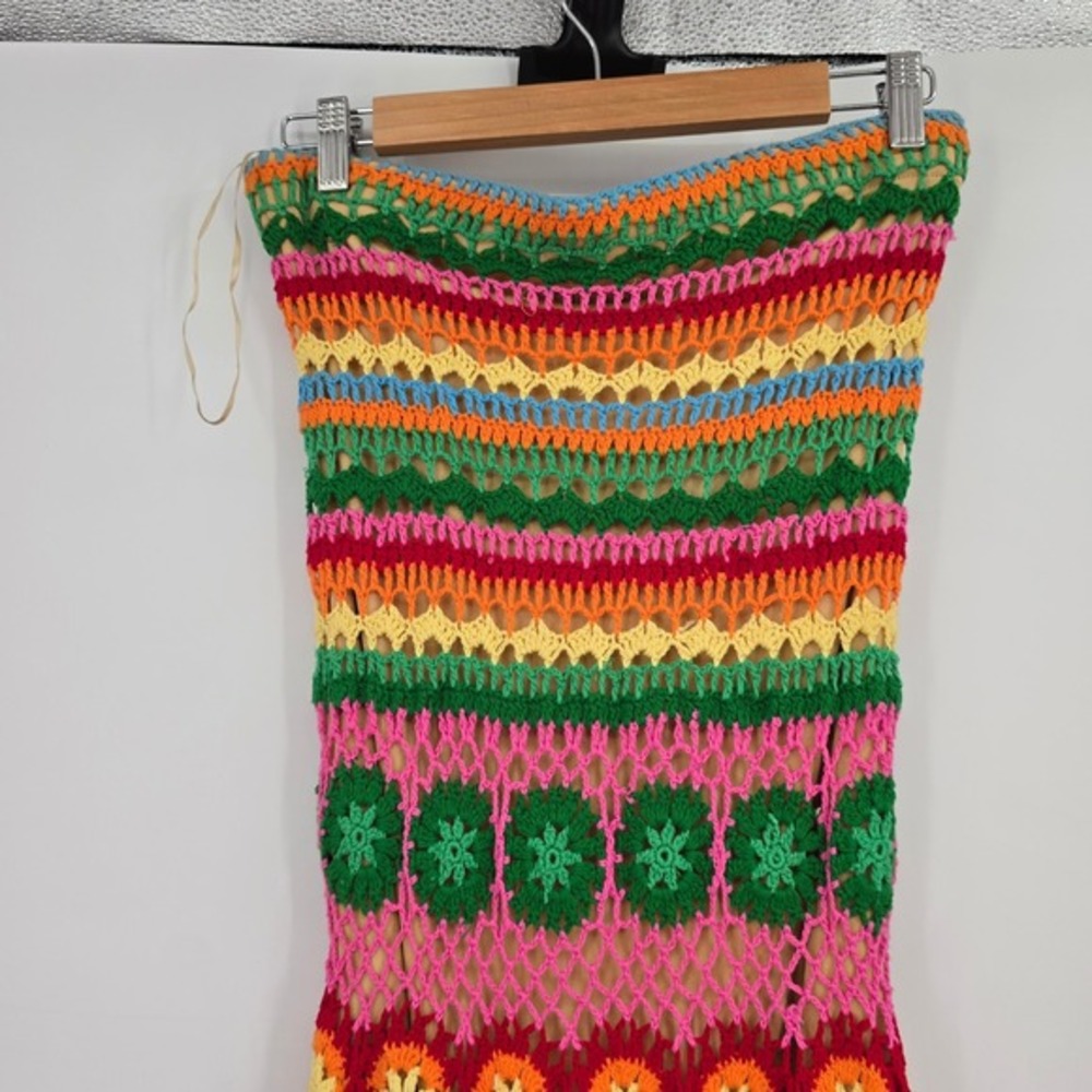 Y Apparel USA Womens Crochet Tube Dress Multicolor Striped Granny Square Lined - Picture 3 of 9
